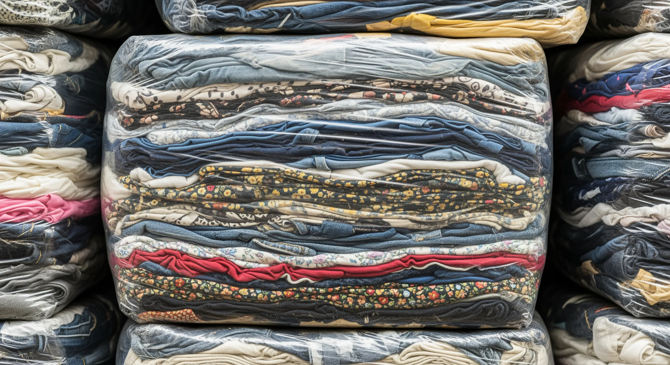 Close-up of compressed second hand wholesale clothing bales wrapped in plastic showing fabric textures and layers.