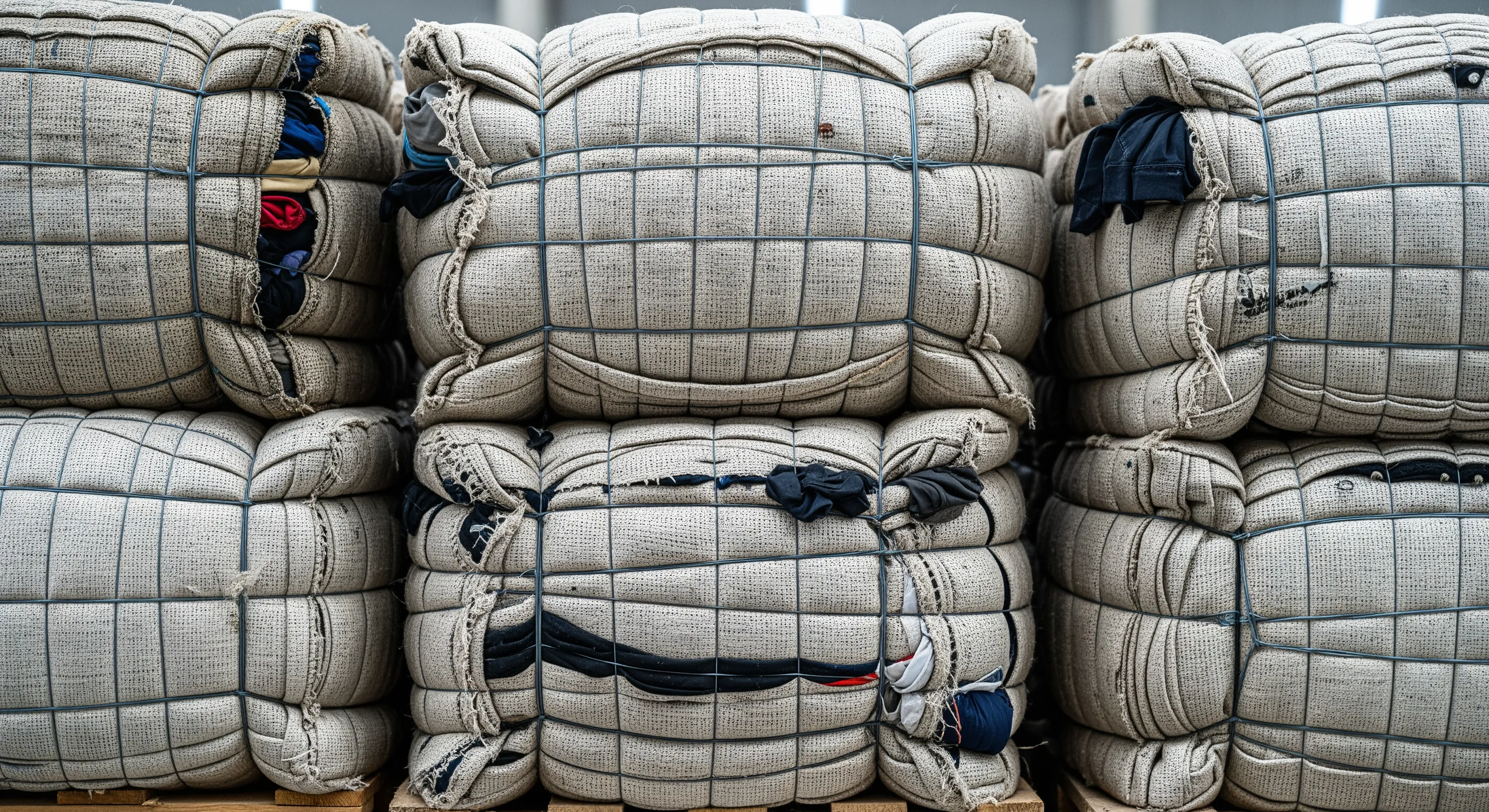 Close-up of tightly packed bales of second-hand clothes showing details of industrial wrapping and packaging.