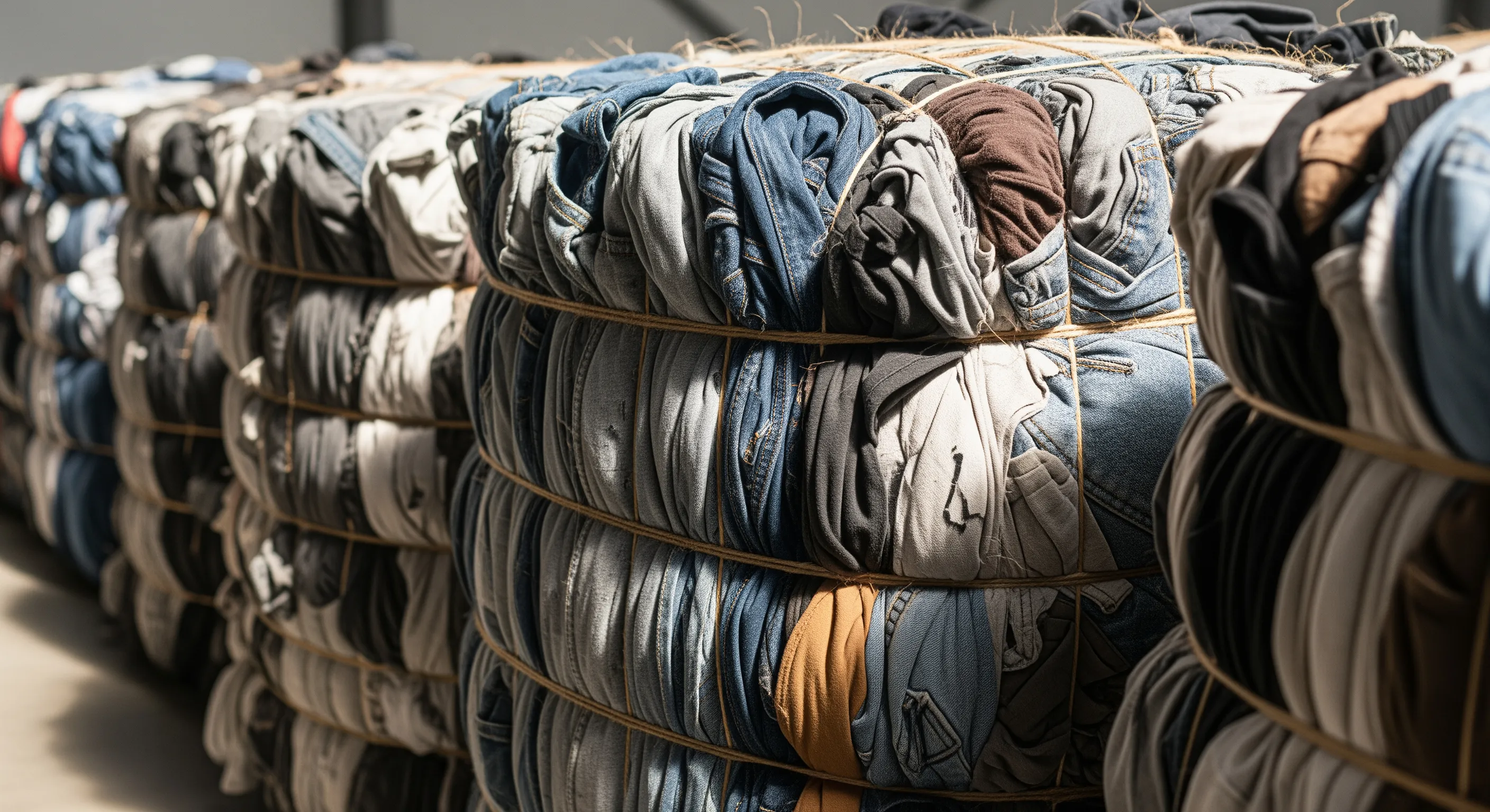 Close-up of large bales of second hand branded clothes showing fabric textures and secure wrapping in a clean industrial warehouse.