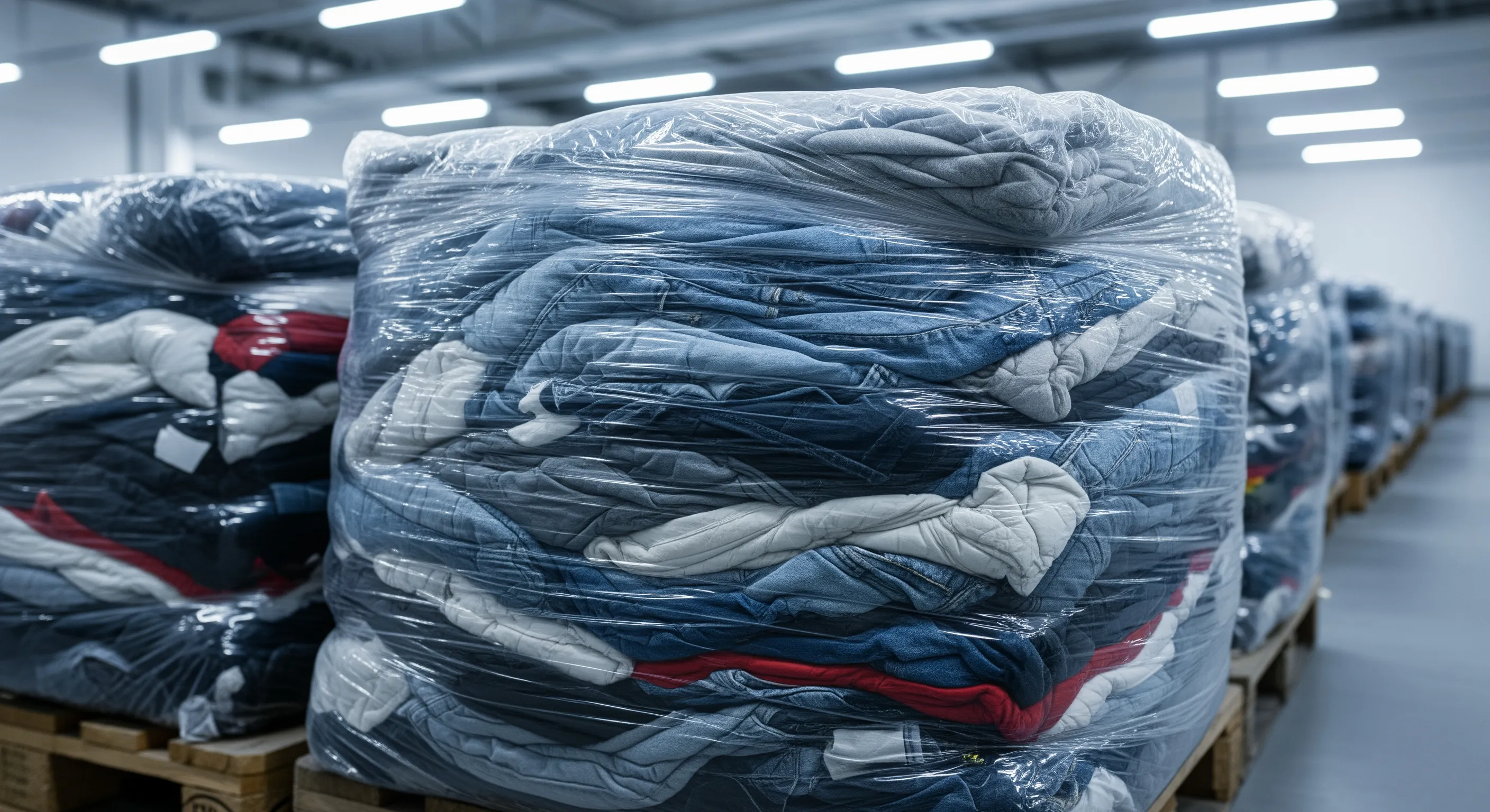 Close-up of large wrapped bales of second hand clothes on pallets in a clean, well-lit warehouse