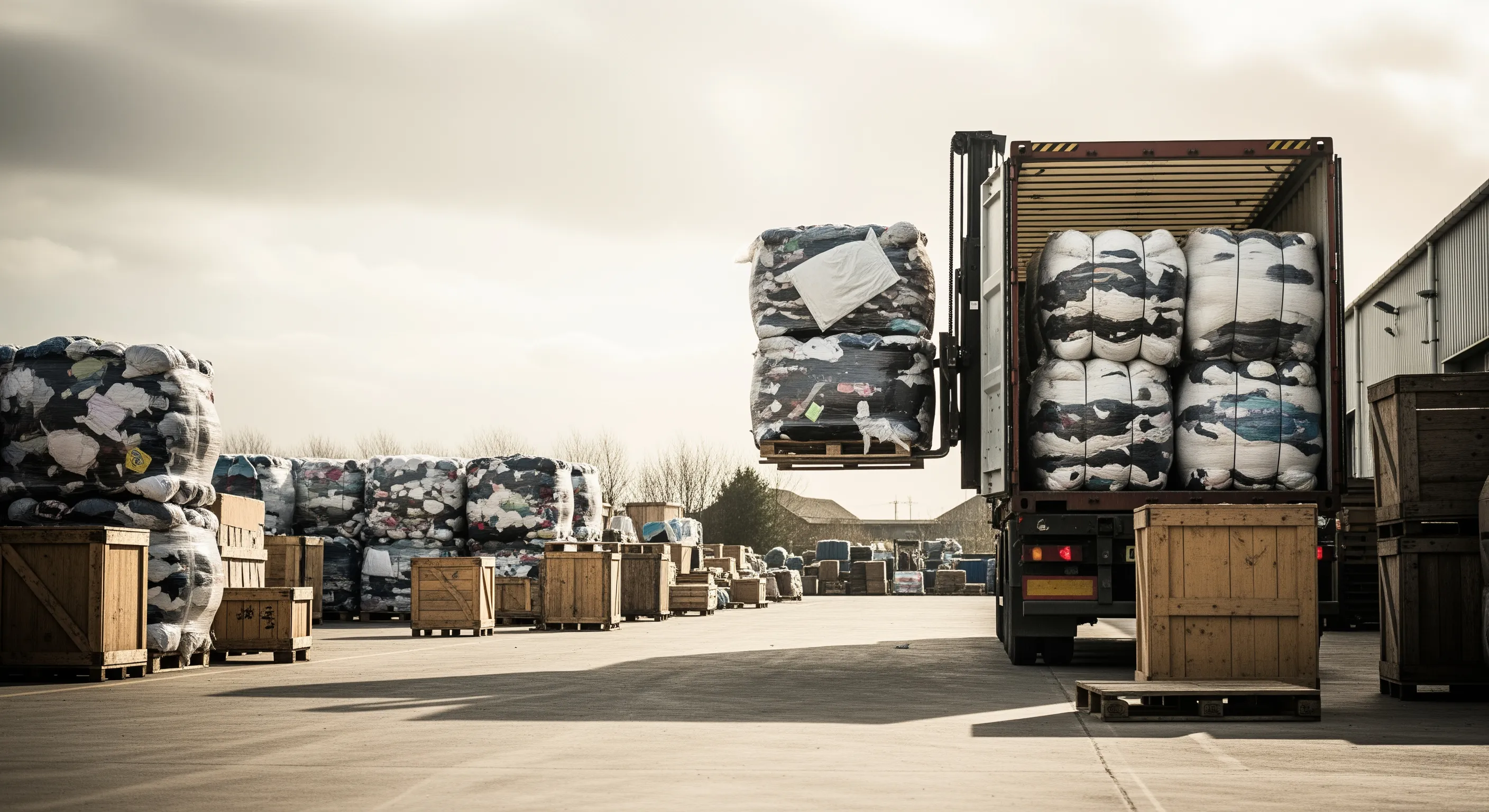 Loading bay with large bales of second hand wholesale clothing being prepared for container shipment in a clean industrial setting.