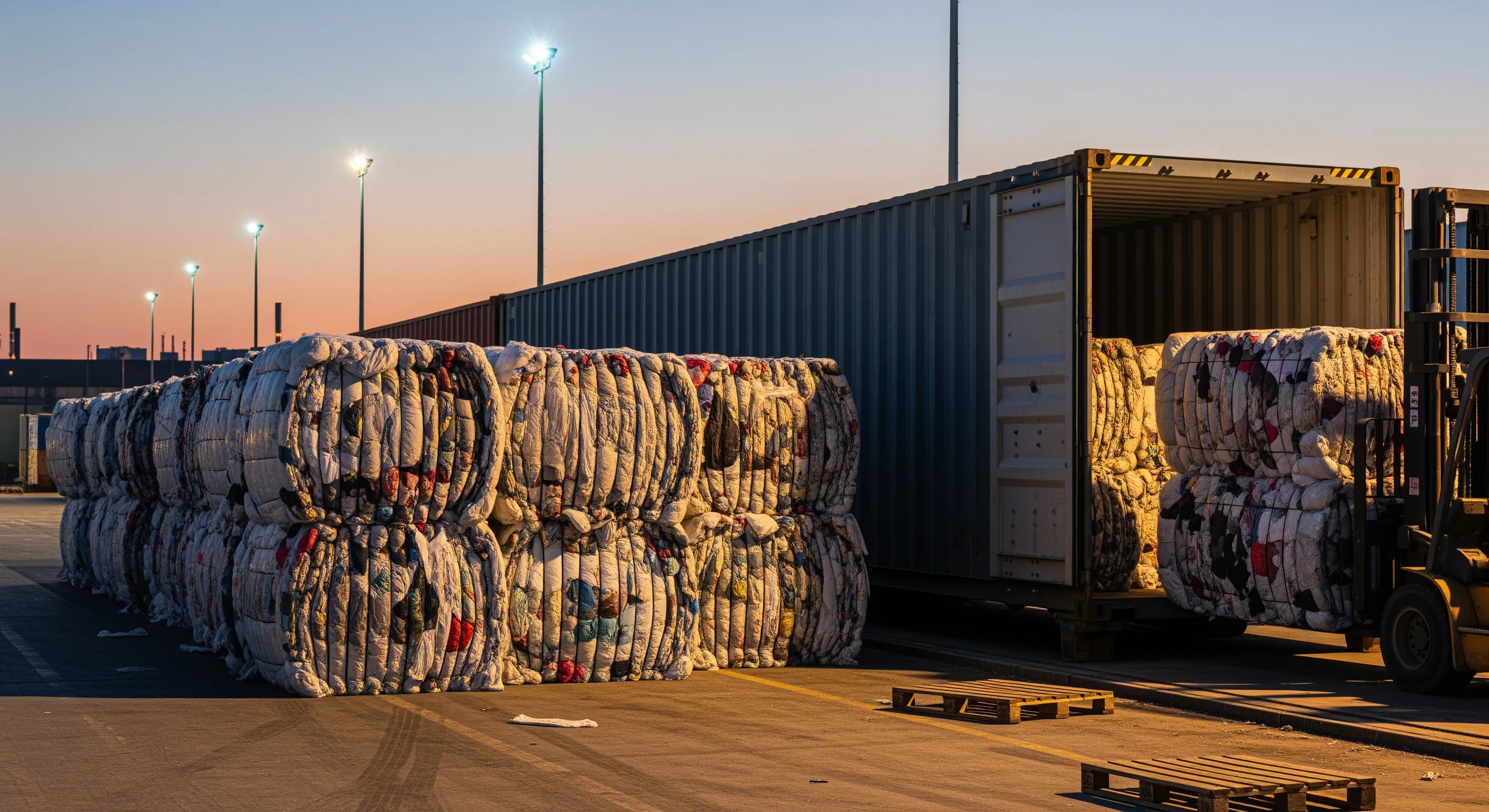 Loading dock with bales of used clothing next to a freight container at dusk, illustrating wholesale export logistics.
