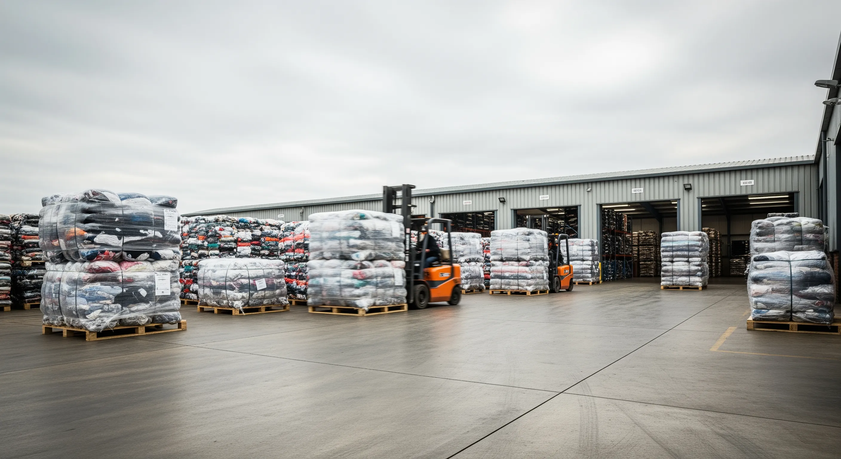 Warehouse loading bay with pallets of large bales of second hand branded clothes ready for distribution under overcast UK daylight.