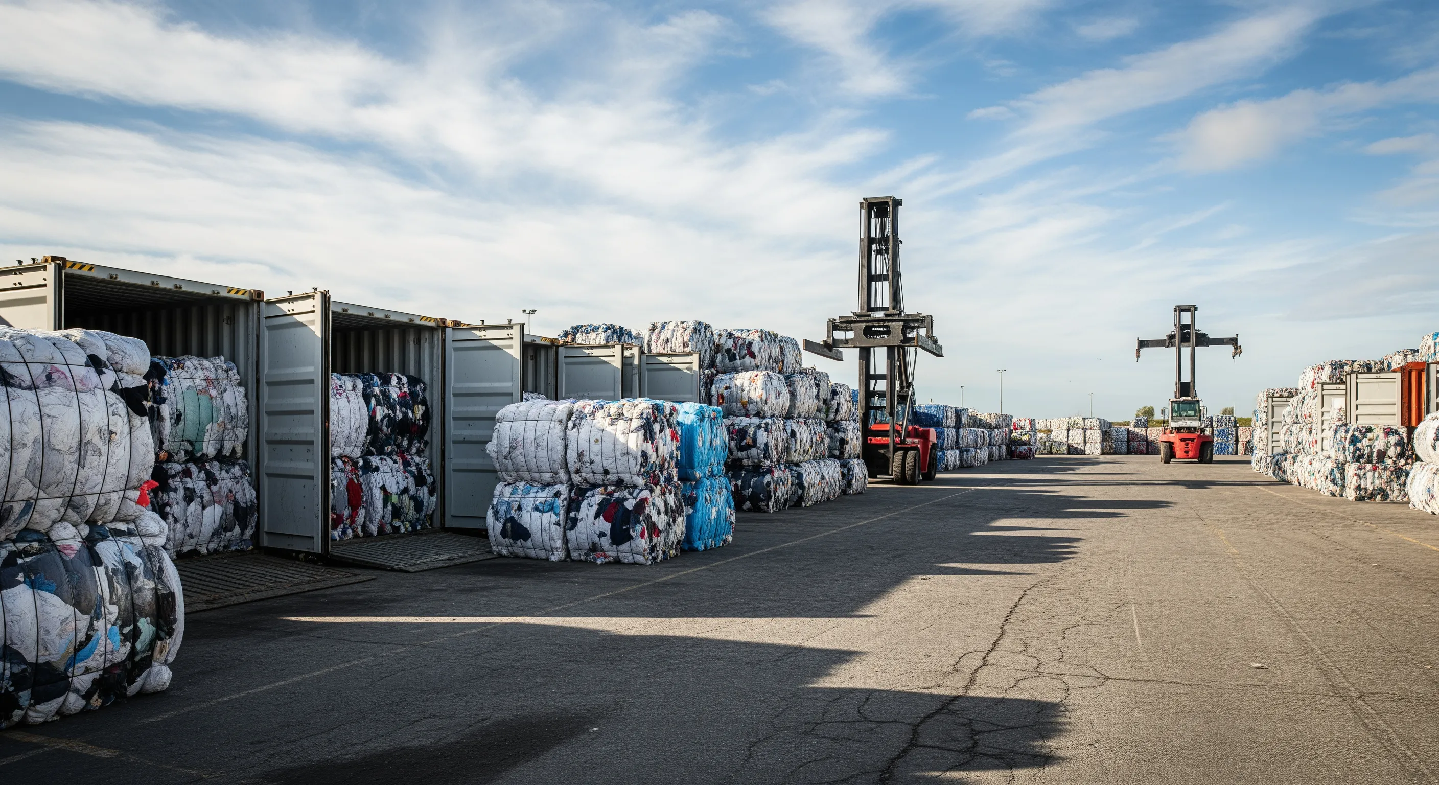 Daylight exterior of shipping container yard with large bales of second hand clothes near open freight containers ready for export